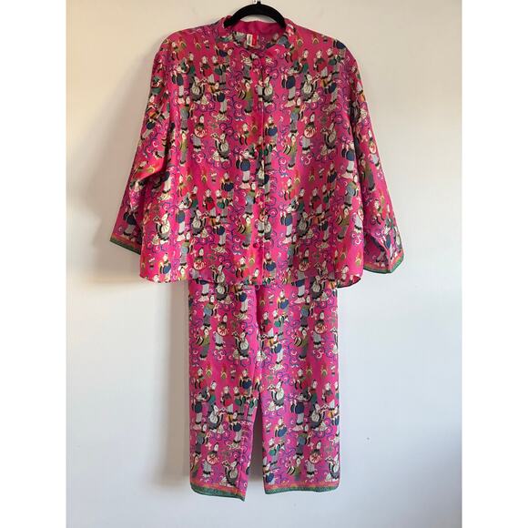 Vintage Josie Natori for Neiman Marcus Pajama Set Asian Print Pink 2 Piece L - Picture 1 of 16